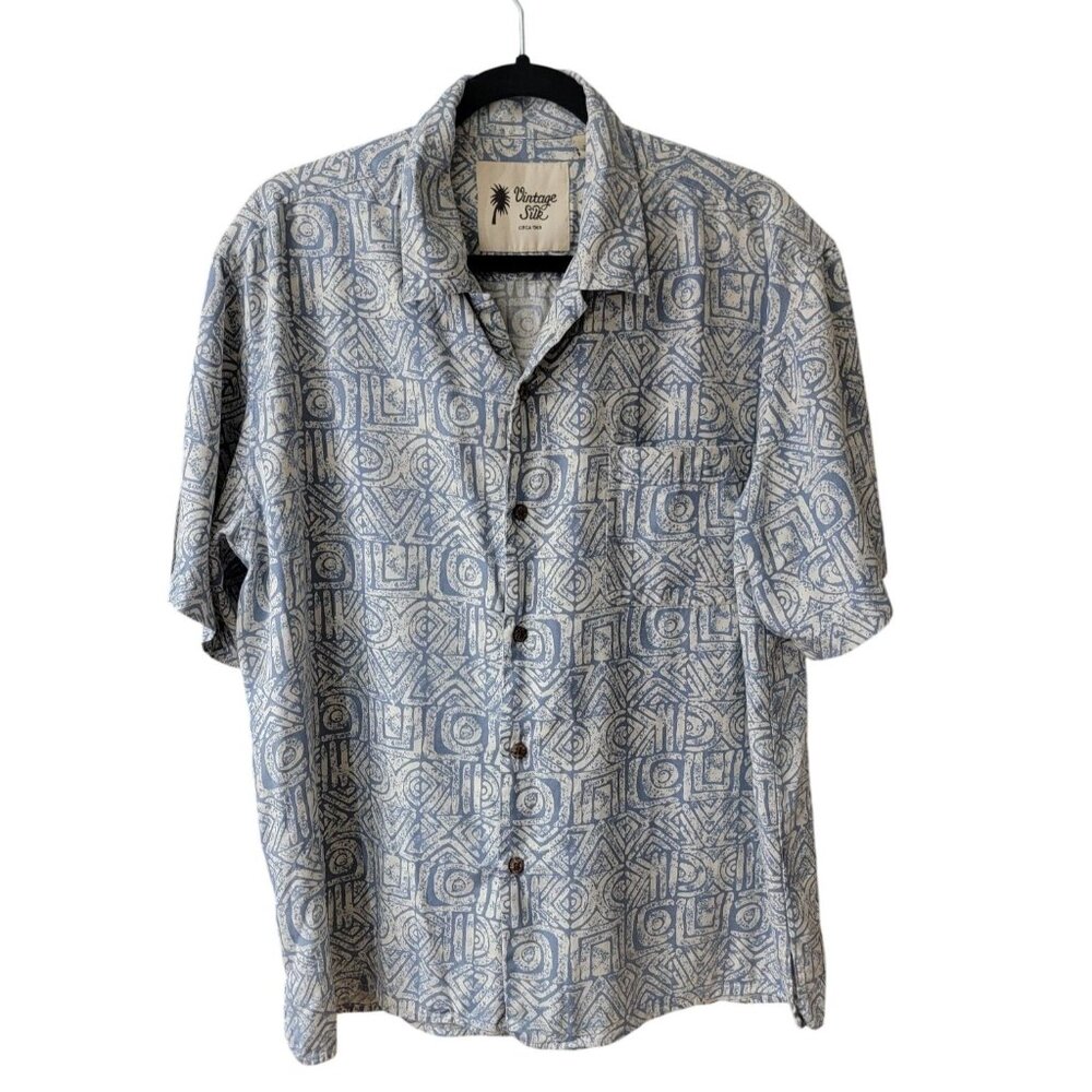 Vintage Silk Circa 1969 Mens Short Sleeve Button-Up Shirt L Blue & White Abstrac